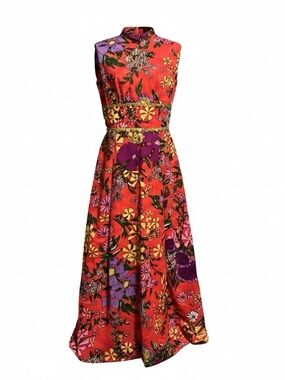VINTAGE Psychedelic Floral Maxi Dress Gold Trim